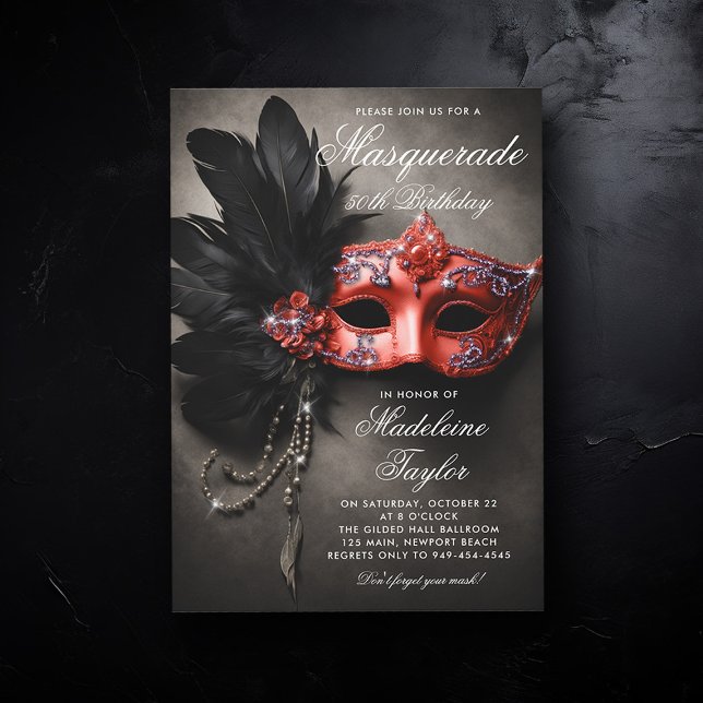 Convites Mascarada Black Silver Red Moody 50º aniversário (50th birthday invitation for women masquerade theme christmas red silver black elegant painting)