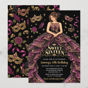 Convites Mascarada Borgonha Dourado Sweet Sixteen