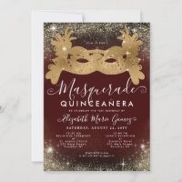 Mascarada Burgundy Red Dourado Glitter Quinceanera