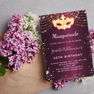 Convites Mascarada burgundy rosa dourado aniversário de bri