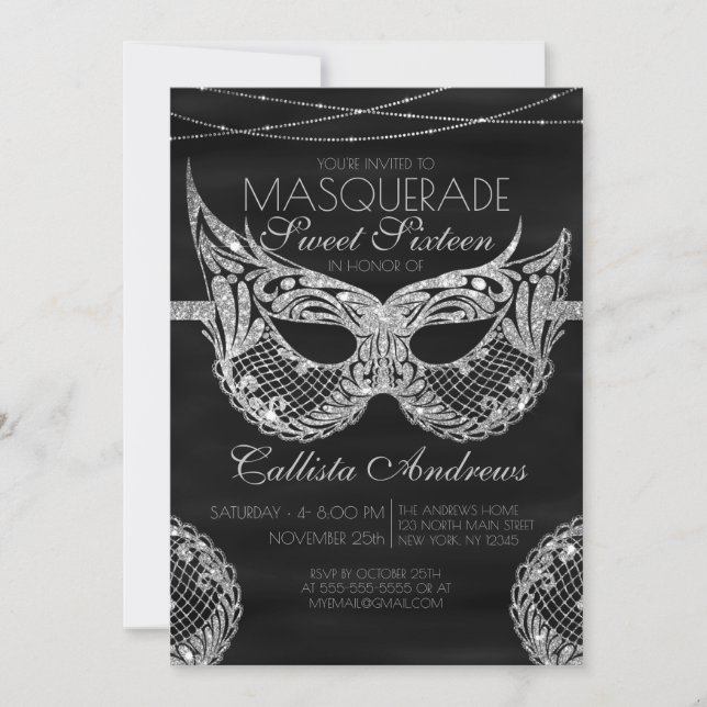 Convites Mascarada de Lace de Prata Negra Doce 16 (Frente)