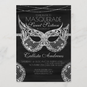 Convites Mascarada de Lace de Prata Negra Doce 16