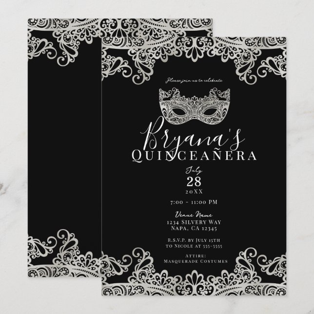 Convites Mascarada de renda preta e prata 15ª Quinceañera (Frente/Verso)