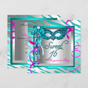 Convites Mascarada Doce 16 Dezesseis Azul Turquesa Zebra