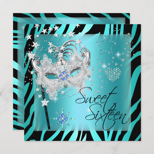Convites Mascarada Doce 16 Sweet 16 Teal Zebra (Frente/Verso)