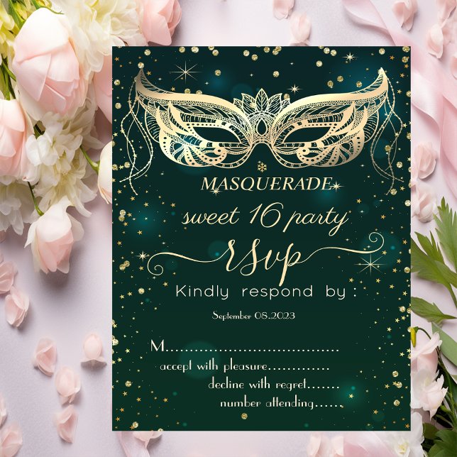 Convites Mascarada Dourado Diamantes Green Sweet 16 RSVP (Criador carregado)