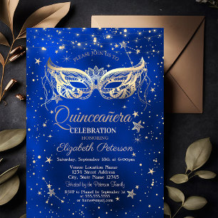 Convites Mascarada, Estrelas Douradas Quinceañera Azul