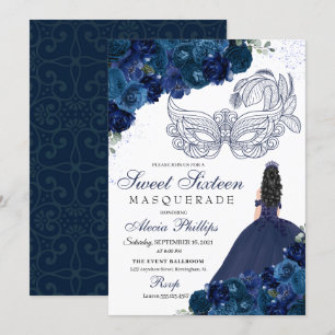 Convites Mascarada Floral Azul-marinho Doce 16