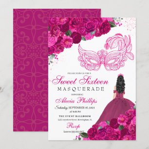 Convites Mascarada Floral cor-de-rosa Fuchsia Doce 16 Convi