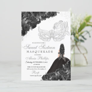 Convites Mascarada Floral Doce 16 com brilho preto e pratea
