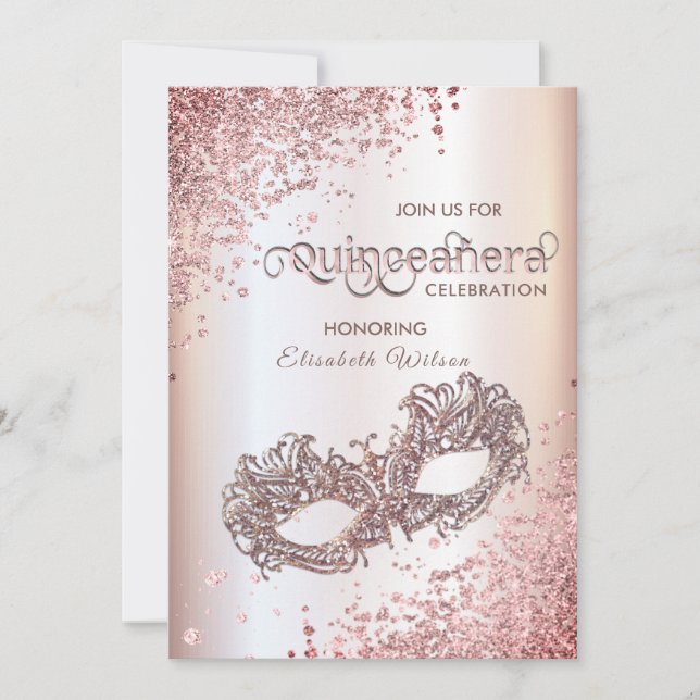 Convites Mascarada luxo Quinceañera rosa ouro (Frente)