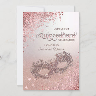 Convites Mascarada luxo Quinceañera rosa ouro