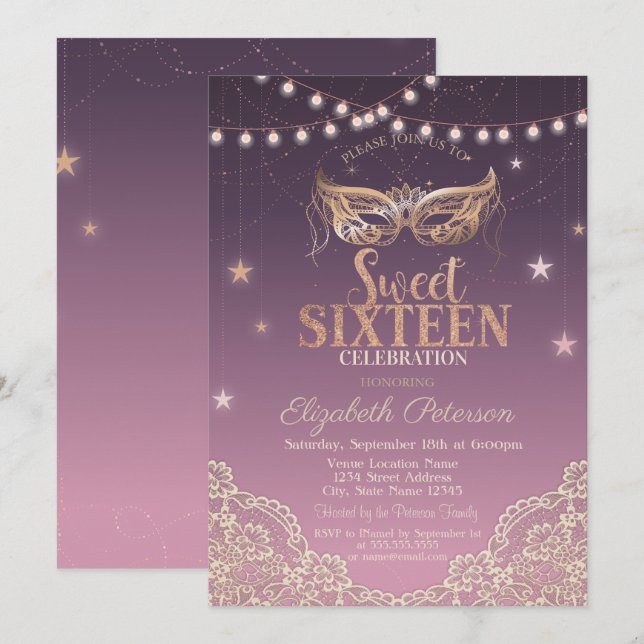 Convites Mascarada,Luzes de Corda,Lace Sweet 16 (Frente/Verso)