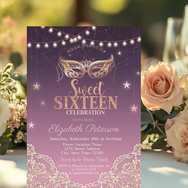 Convites Mascarada,Luzes de Corda,Renda Sweet 16 (Criador carregado)