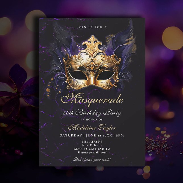 Convites Mascarada Máscara Dourada Roxo Dramático 50º Anive (50th birthday themes masquerade party venetian mask elegant classy watercolor purple gold black )
