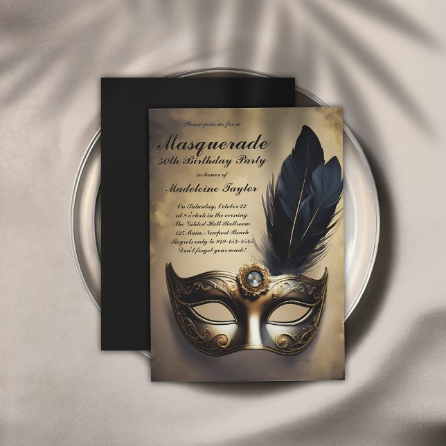 Convites Mascarada Máscara Negra Dourada Dramática 50º Aniv (masquerade 50th birthday party invitation dramatic gold black venetian mask elegant modern classy)