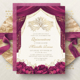 Convites Mascarada Mask Burgundy Modern Quinceanera