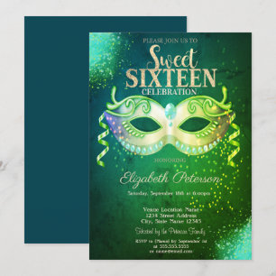 Convites Mascarada,Masque,Green Sweet 16 Dourado