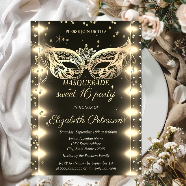 Convites Mascarada Ouro Diamantes Luzes Sweet 16  (Criador carregado)