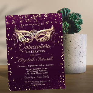 Convites Mascarada,Ouros,Luzes violetas Quinceañera