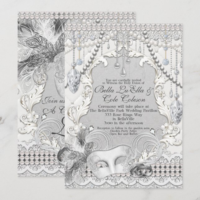 Convites Mascarada Pearls Diamond Bling Invitation (Frente/Verso)