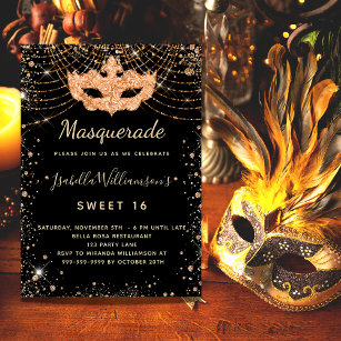 Convites Mascarada preto-ouro-brilho Doce 16 luxo