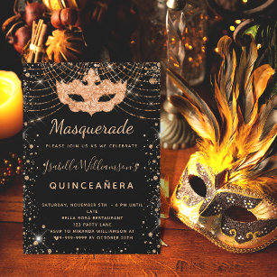 Convites Mascarada preto-ouro-brilho Quinceanera luxo