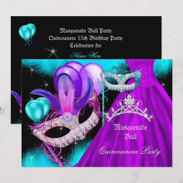 Convites Mascarada Quinceanera 15 Partido Teal Purple (Frente/Verso)