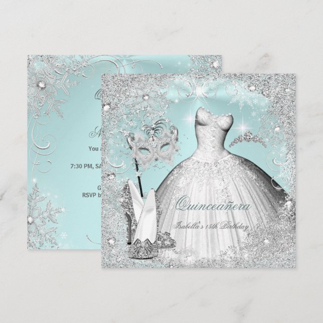 Convites Mascarada Quinceanera Mint Blue Silver Flocos de n (Frente/Verso)