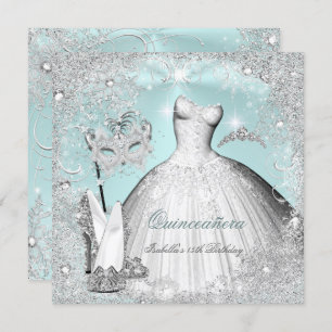Convites Mascarada Quinceanera Mint Blue Silver Flocos de n
