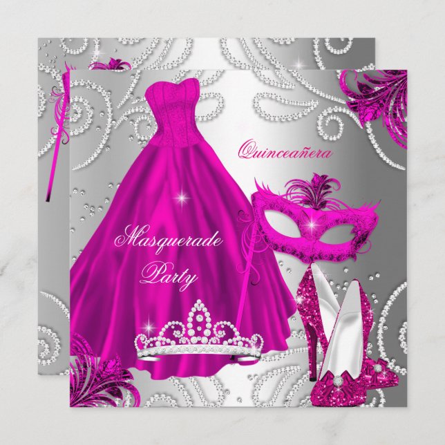 Convites Mascarada Quinceanera Party Pink Silver Vestido (Frente/Verso)