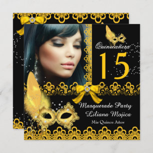 Convites Mascarada Quinceanera Party Yellow Dourado Lace
