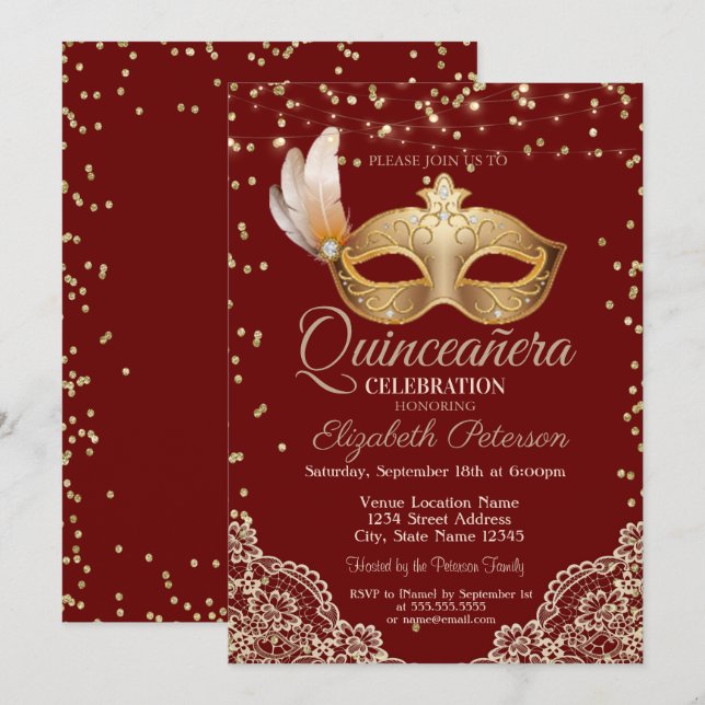 Convites Mascarada, Renda, Diamantes Quinceañera Vermelha (Frente/Verso)