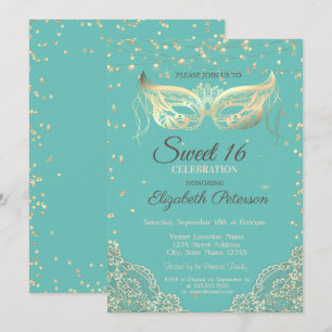 Convites Mascarada, Renda, Diamantes Verde Menta Sweet 16