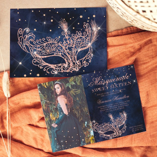 Convites Mascarada rosa dourado brilhante Doce 16 fotografi (Criador carregado)