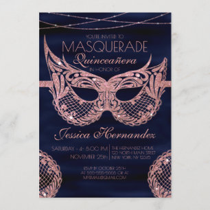 Convites Mascarada Rosa Dourado Lace marinho Quinceañera