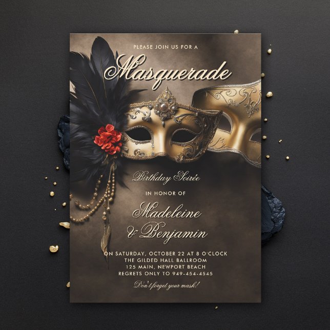 Convites Mascarada Soiree Venetian Mask Duo 50º Aniversário (masquerade invitation couple soiree venetian masks duo birthday party moody black brown gold elegant)