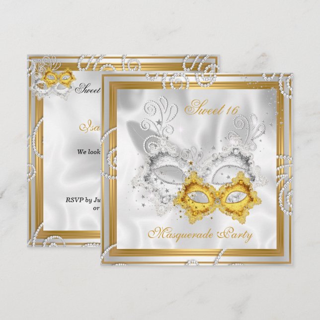 Convites Mascarada Sweet 16 Party Mask Silver Dourado 2 (Frente/Verso)