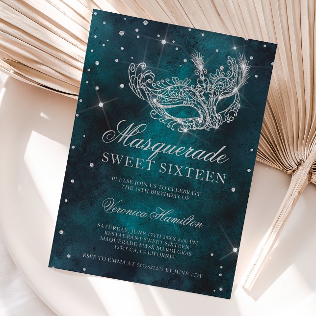 Convites Mascarada verde verde verde-verde-verde-cinza 16 (Silver glitter masquerade mask teal green Sweet 16 Invitation)