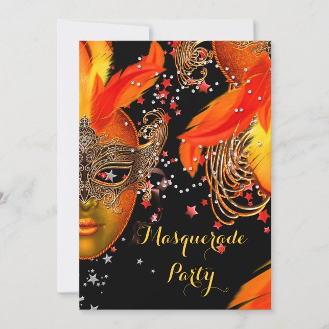Convites Máscaras de Festa à Fantasia Dourado Laranja Laran (Frente)