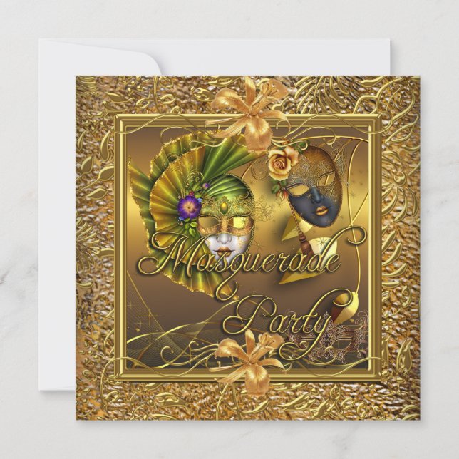 Convites Máscaras de Festa de Mascarada Dourado Preto Anive (Frente)