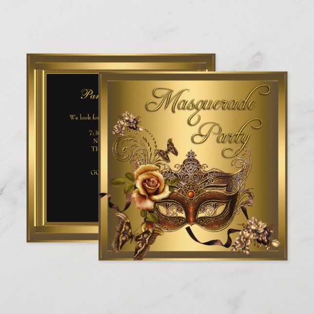 Convites Máscaras de Festa de Mascarada Dourado Preto Anive (Frente/Verso)