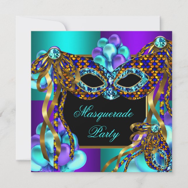 Convites Máscaras de Mascarada Roxo Azul Turquesa Aniversár (Frente)