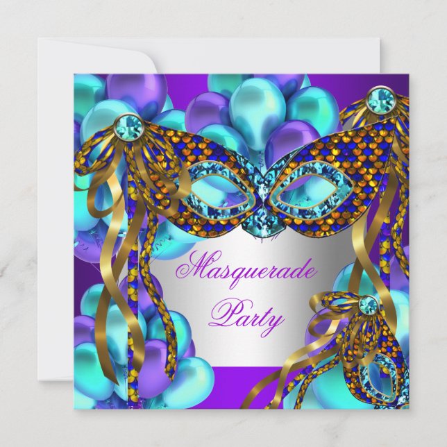 Convites Máscaras de Mascarada Roxo Azul Turquesa Festa de  (Frente)
