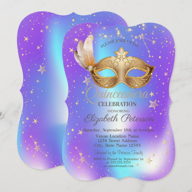 Convites Máscaras Estrelas Holográficas Quinceañera (Frente/Verso)