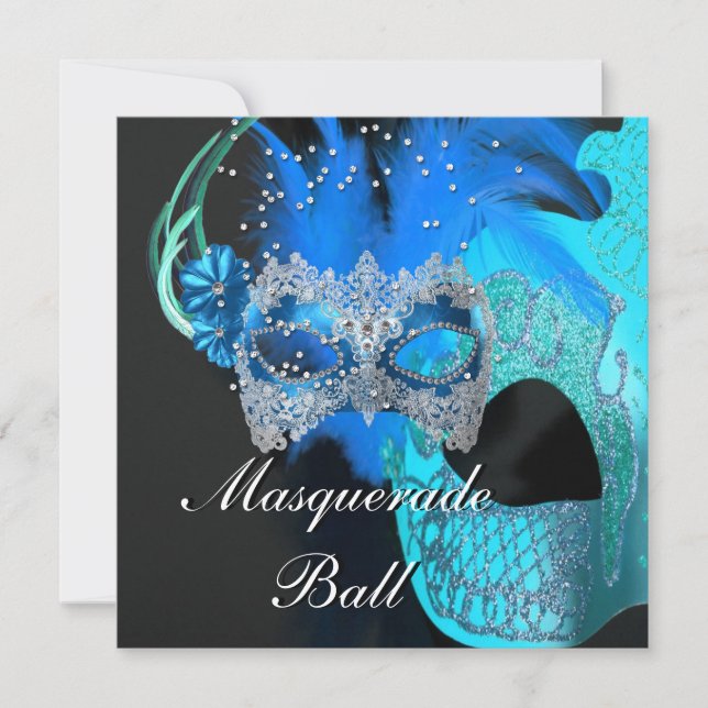 Convites Máscaras Pretas Azul Turquesa Baile de Máscaras Fe (Frente)