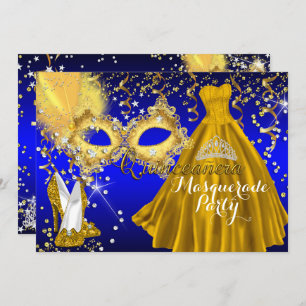 Convites Mask Tiara Mascarada Quinceanera Dourado Azul