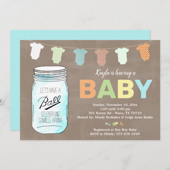 Convites Mason Jar Baby Shower Invants (Frente/Verso)