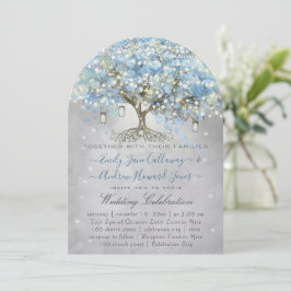 Convites Mason Jar Blue Silver Heart Leaf Tree Fairy Lights