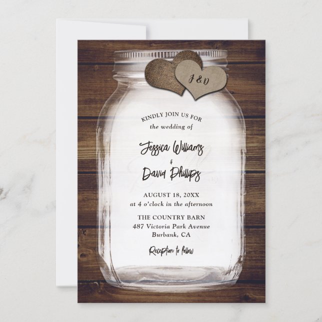 Convites Mason Jar Burlap Hearts Rustic Wood Wedding (Frente)